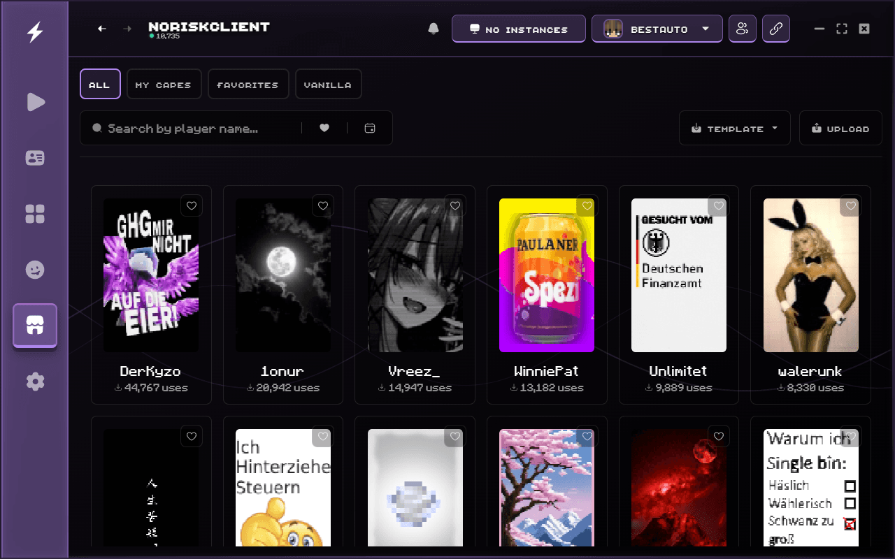 Capes browser in the NoRisk Client showing popular community capes, filter options for personal and favorite capes, and upload function for custom designs.