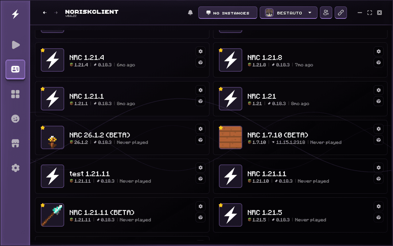 Profile overview in the NoRisk Client showing multiple Minecraft versions from 1.7.10 to 26.1.2 (Beta), including playtime info and quick access to instances.