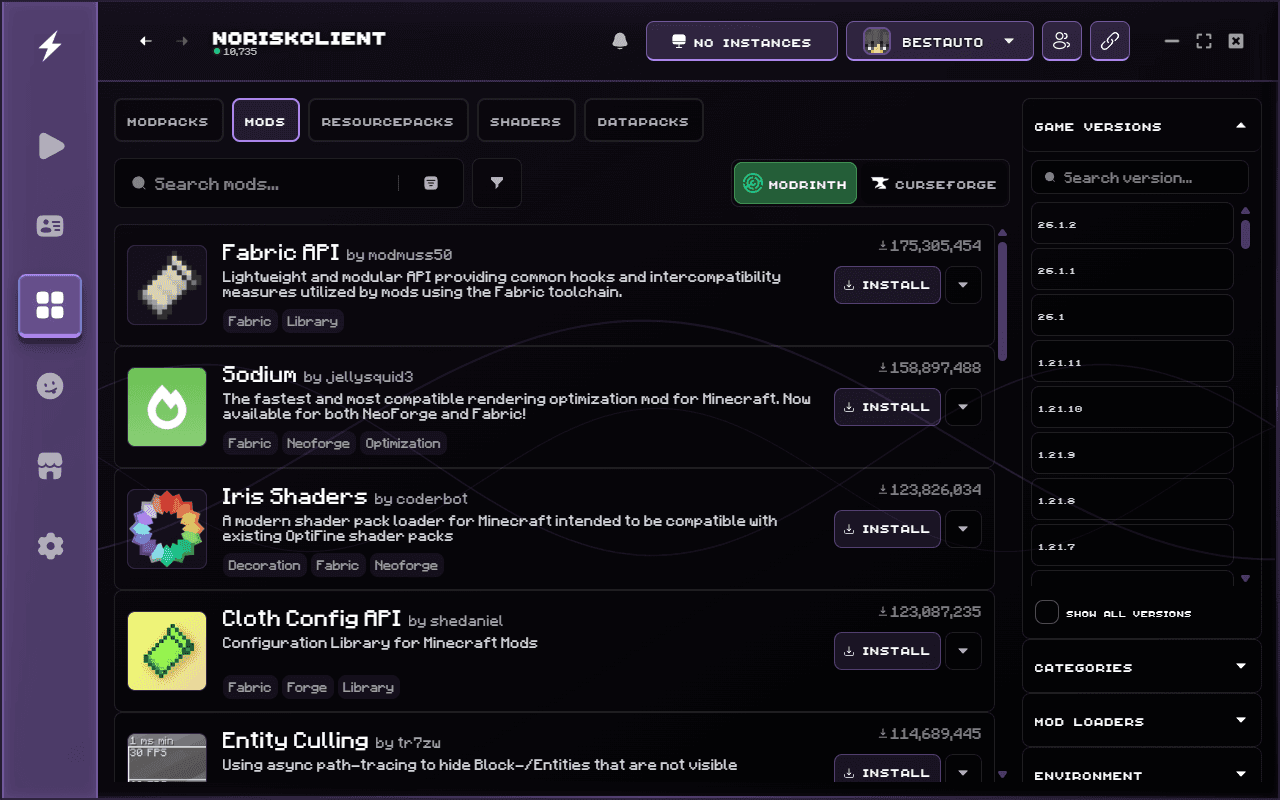 NoRisk Client mod browser with Modrinth and CurseForge integration, version selector, and popular Minecraft mods like Fabric API, Sodium and Iris Shaders.